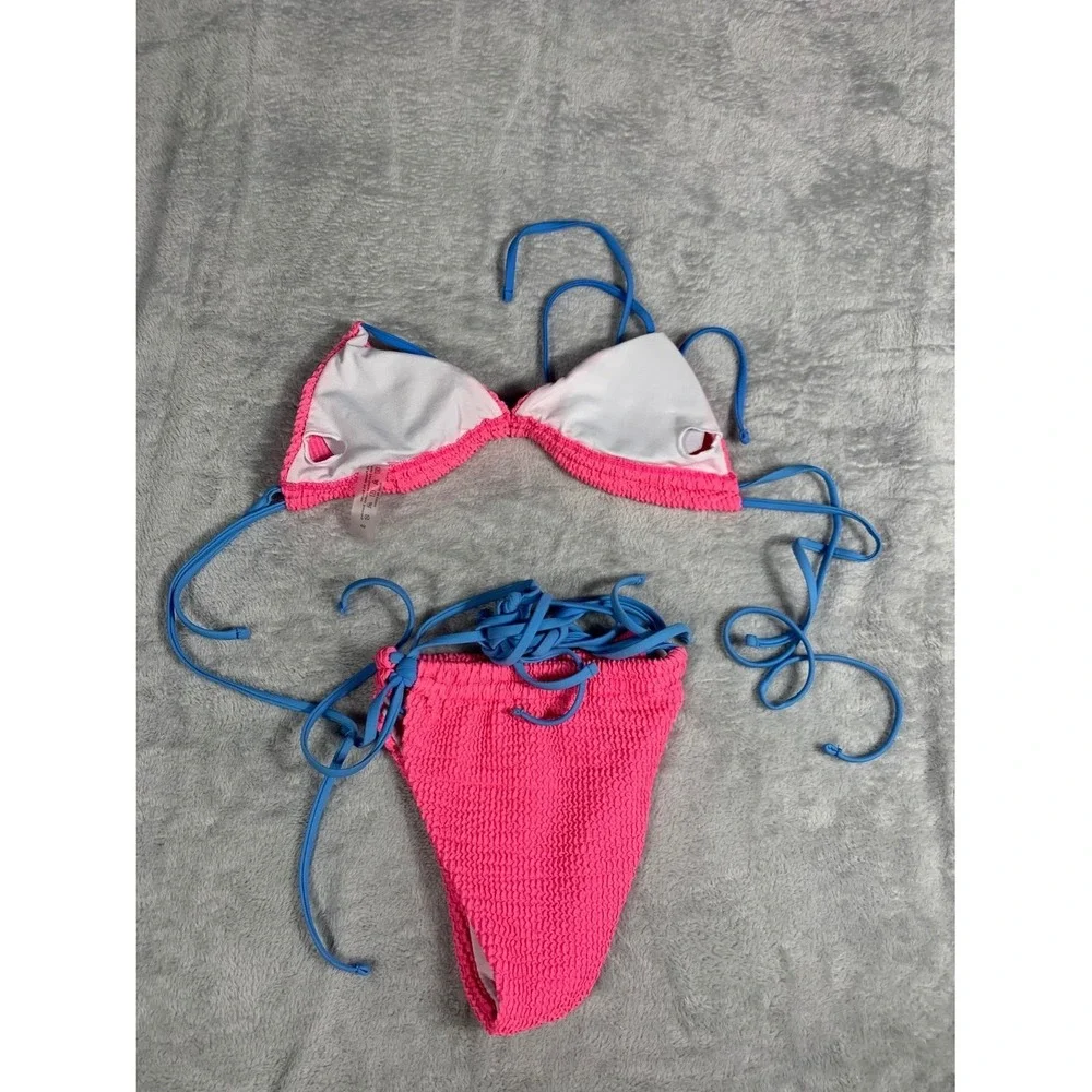 Pink Smocked Popcorn Bikini Set Womens Size S Blue Contrast Straps Swimsuit